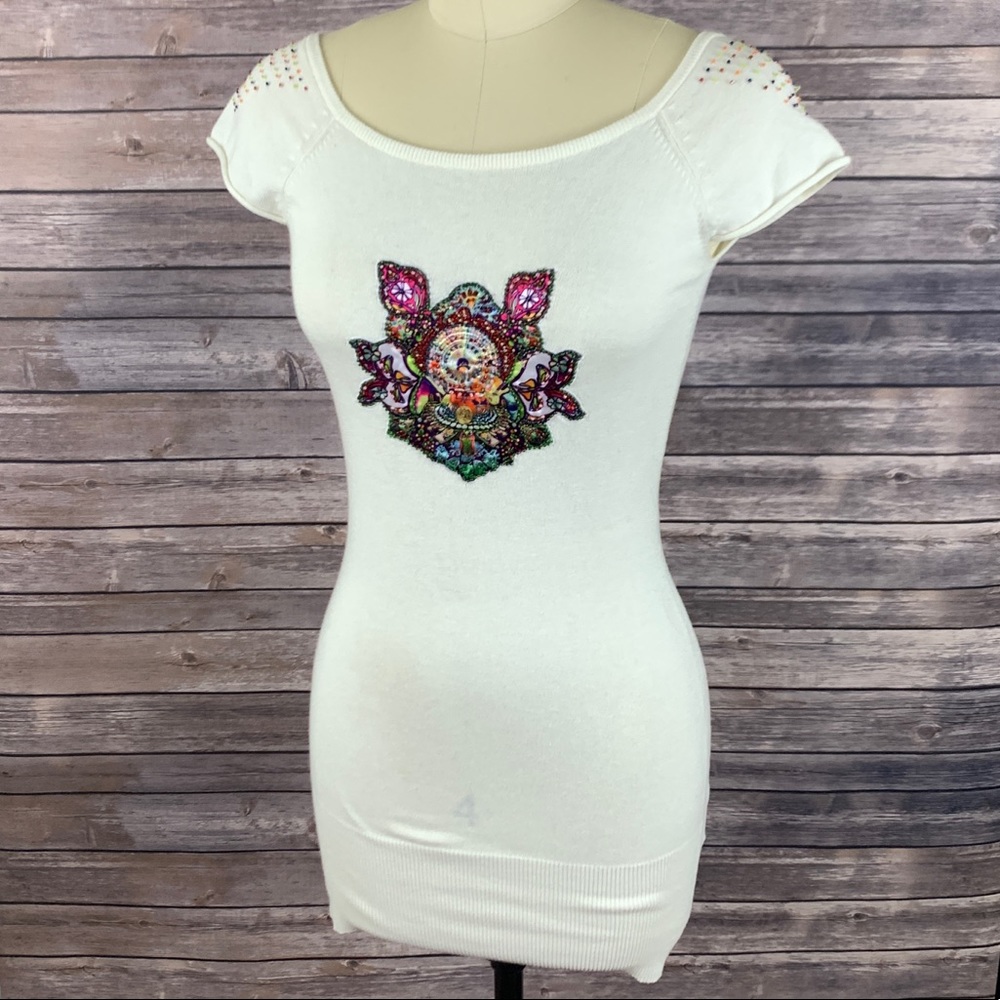 Oilily Cream Beaded Scoop Neck Sweater
